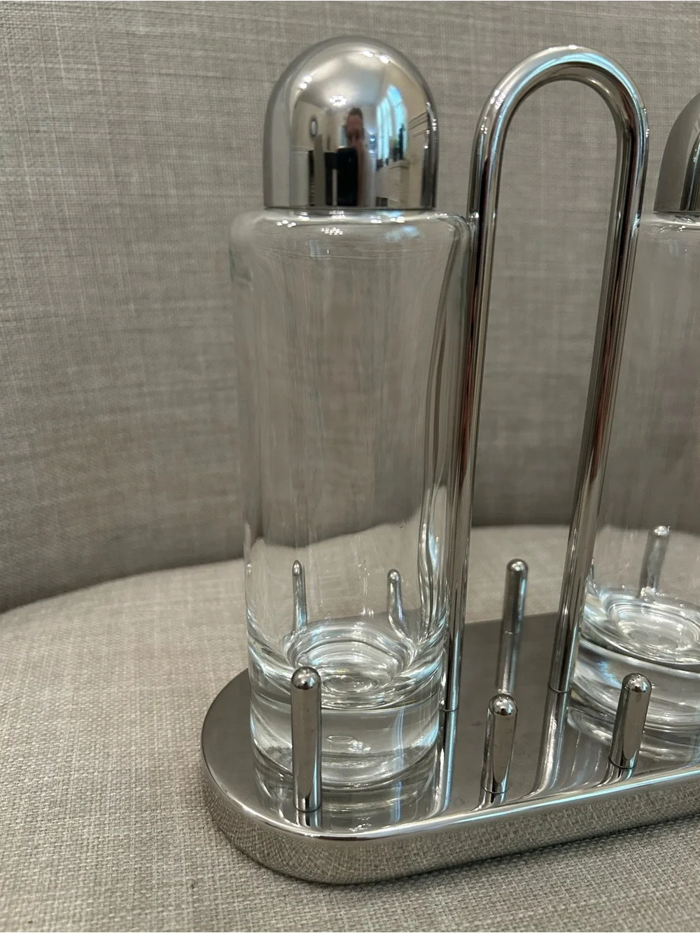 Ettore Sottsass for Alessi Italy Glass and Stainless Steel Oil Vinegar Cruet Set